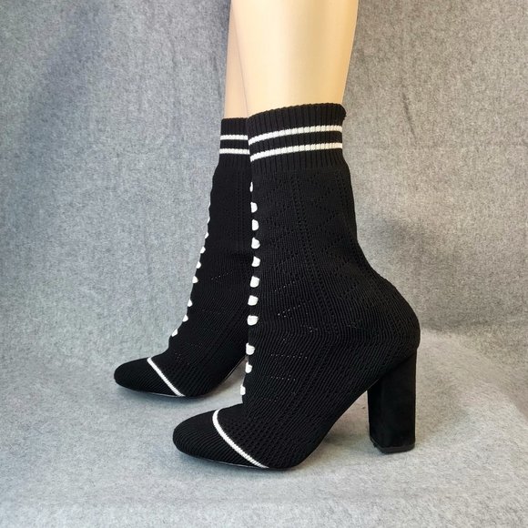 Adorable Mid Calf Black & White Stretchy Sock Boot With 3.5" Block Heels - Picture 4 of 6